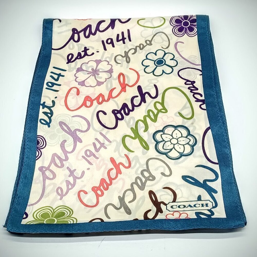 Coach Teal Border Signature Print Silk Oblong Scarf - Picture 2 of 7